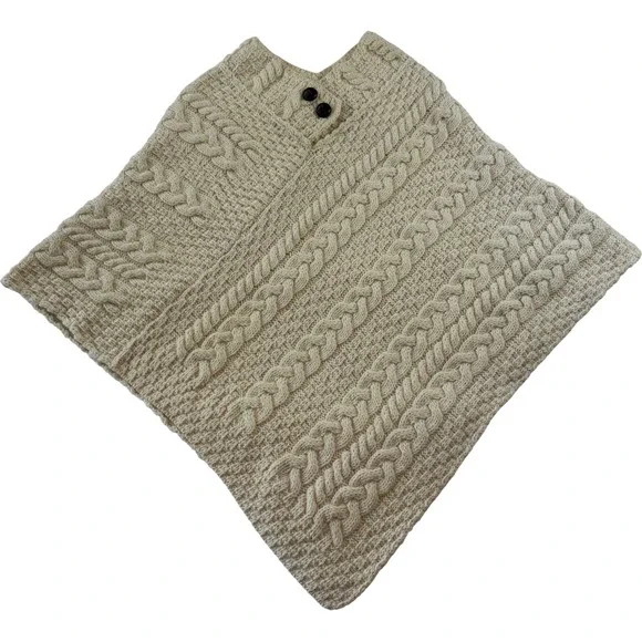 Aran Woollen Mills Ireland 100% Merino Wool Cable Knit Poncho Cream One Size - Picture 1 of 6